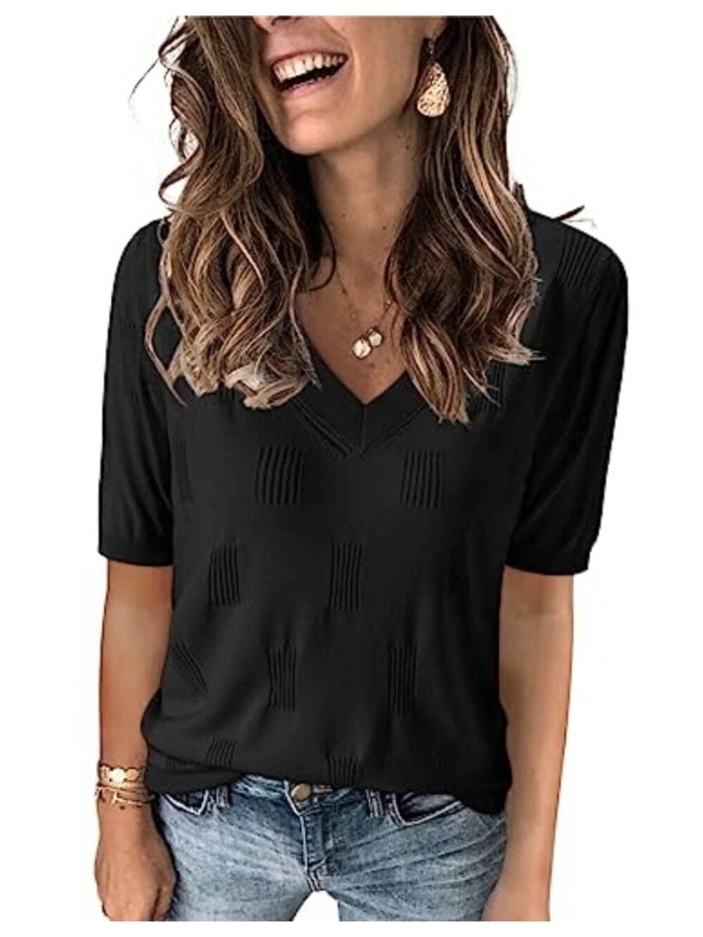V-Neck Short Sleeve Sweater Top Ribbed Knit Relaxed Fit Casual Summer